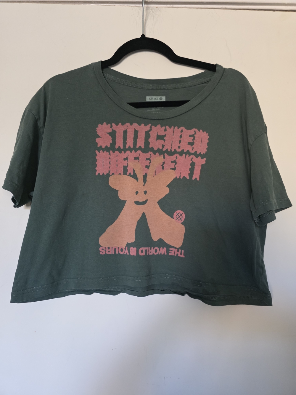 Stance Women's "Stitched Different' Pink Graphic Forest Green Crop Tee